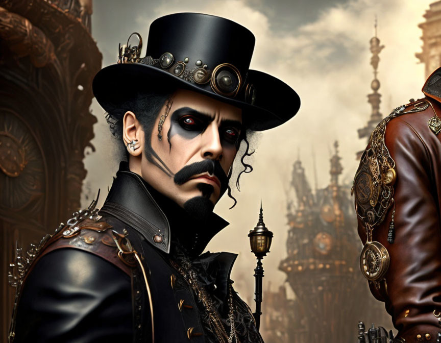 Man in Steampunk Attire with Top Hat, Goggles, and Stylish Facial Hair in