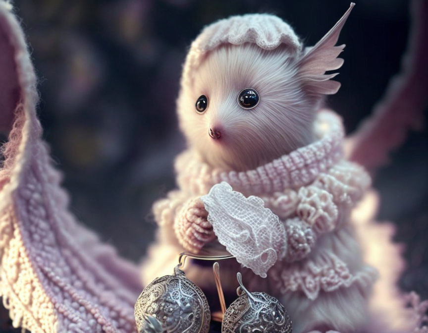 Whimsical hedgehog-like creature in pink outfit with lace umbrella