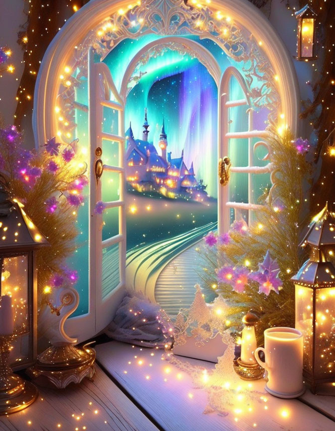 Enchanted doorway to castle with glowing path and festive lights