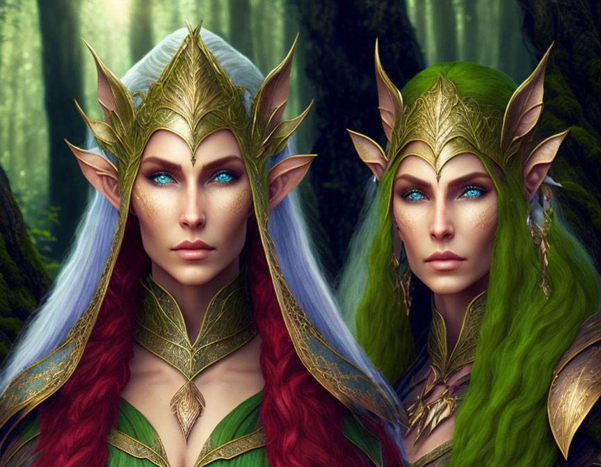 Two female elves with pointed ears and ornate crowns in a mystical forest