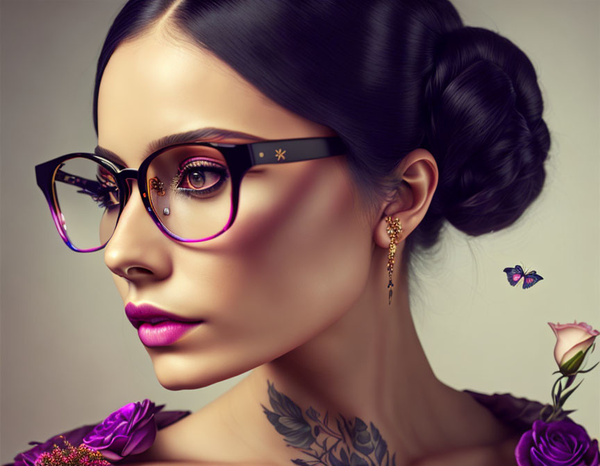 Stylized portrait of woman with bun, large glasses, tattoo, violet accents, and butterfly