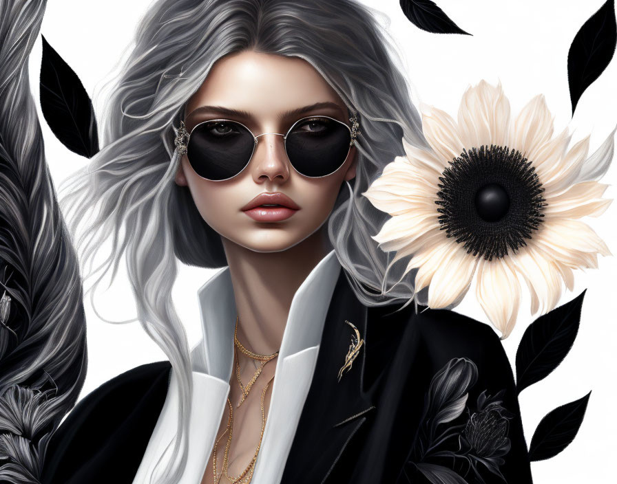 Silver-haired woman in sunglasses with blazer and gold necklaces among monochrome flowers