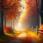 Vibrant autumn scene: sun rays through colorful leaves on trees by wooden fence