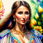 Vibrant digital painting of woman with jewelry and flowers