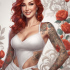 Illustration of woman with red curly hair in white dress among roses