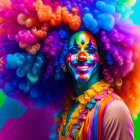 Colorful portrait of person in clown makeup with afro wig and vibrant outfit on rainbow background