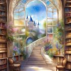 Illustration of ornate archway, magical staircase, pink roses, celestial sky.