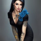 Illustration of woman with dark roses, tattoos, pearl necklace, black ruffled dress