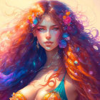 Fantasy female character with multicolored hair and flowers.