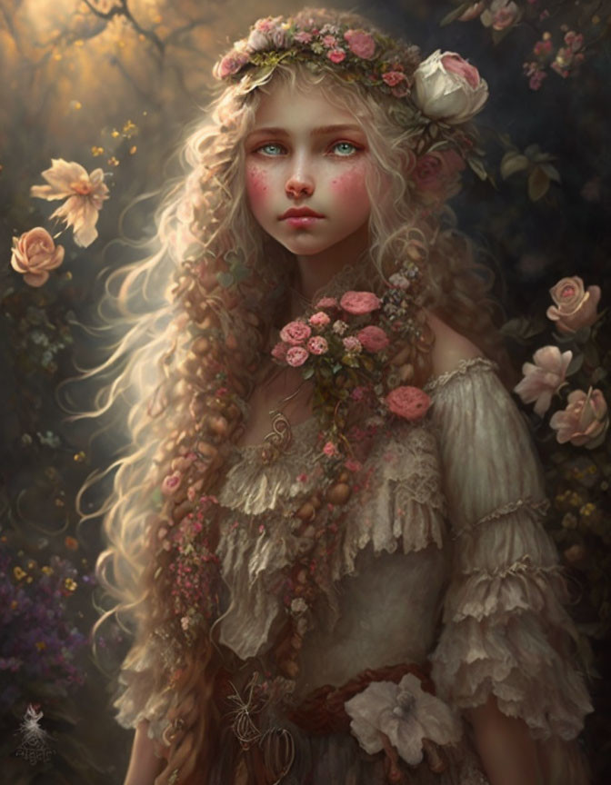 Young girl fantasy portrait with long curly hair and flower crown amidst whimsical flora