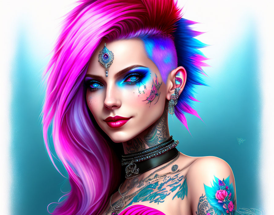 Vibrant pink and blue punk-style hair on a woman with blue eyes, intricate makeup, jew