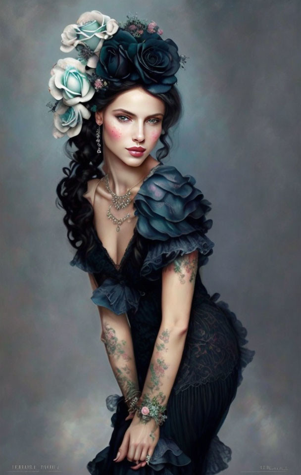 Illustration of woman with dark roses, tattoos, pearl necklace, black ruffled dress