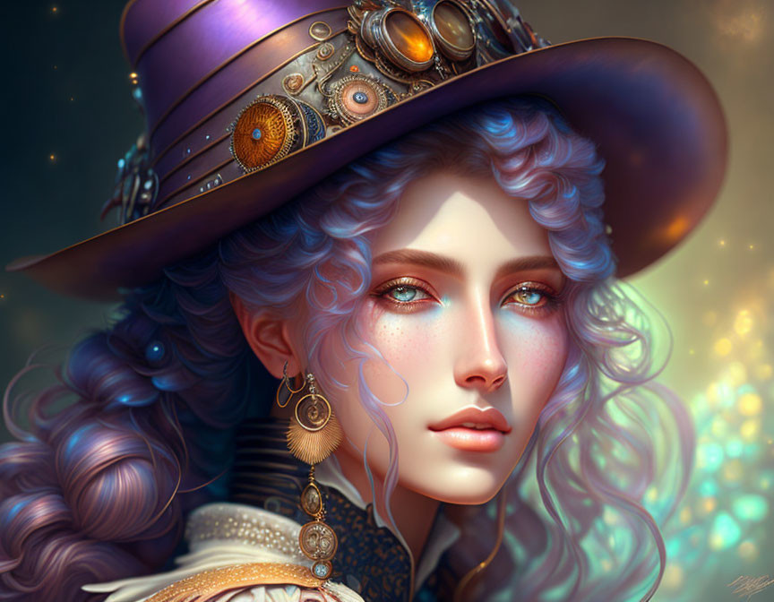 Digital Artwork: Woman with Blue Wavy Hair and Steampunk Hat