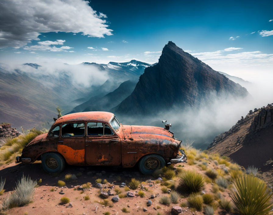 Abandoned rusty car in desert with misty mountains and blue sky