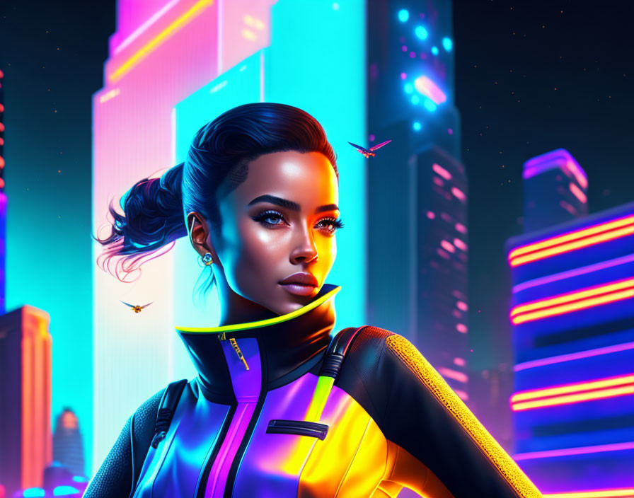 Futuristic neon-lit cityscape with striking woman illustration