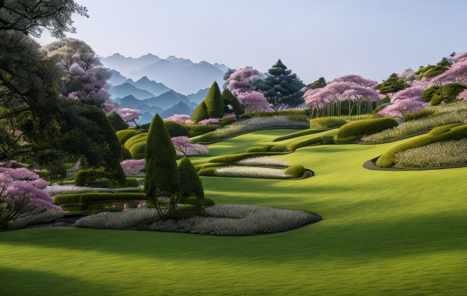 Manicured green grass, pink cherry trees, misty mountains