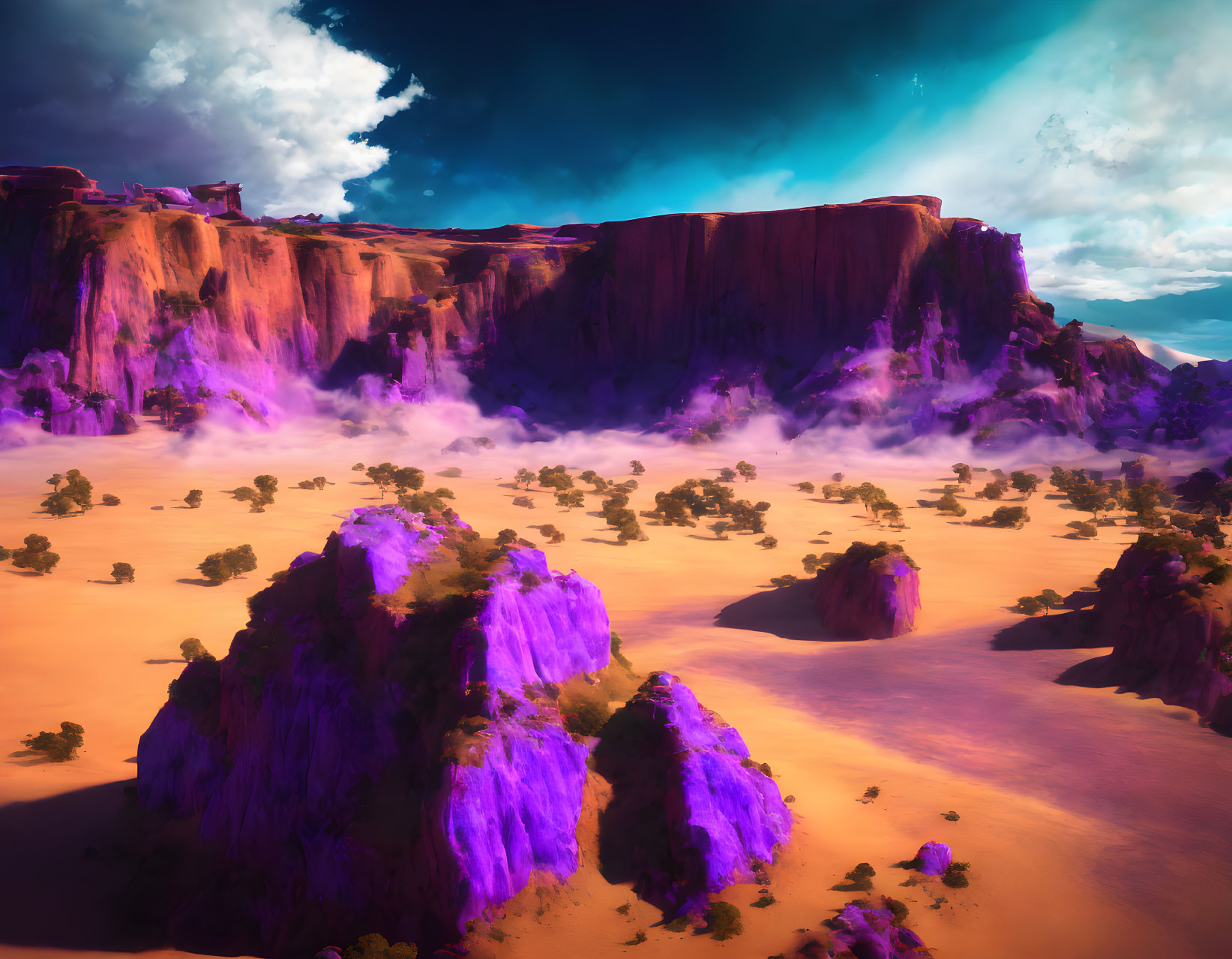 Colorful Otherworldly Landscape with Purple Foliage and Orange Cliffs