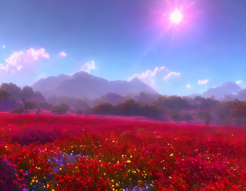 Colorful flowers field under blue sky with sun and misty mountains.