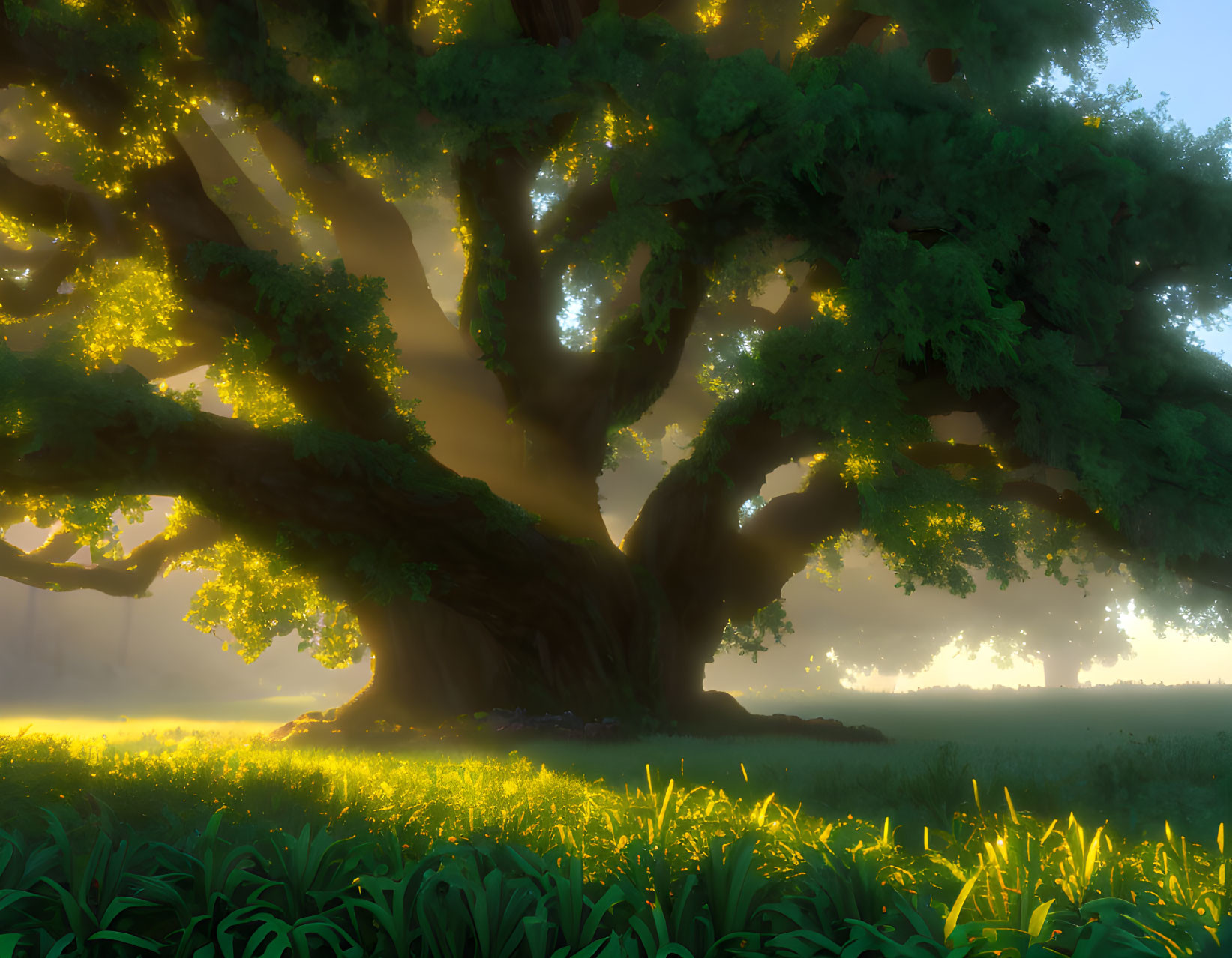 Majestic tree with thick trunk and expansive branches in golden light forest scene