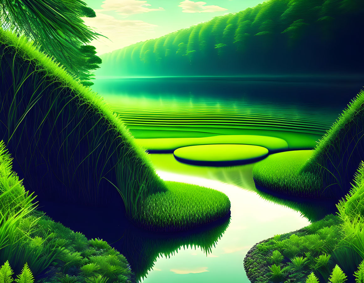 Luminous green fantasy landscape with circular grass platforms and serene lake under a haze-filled sky