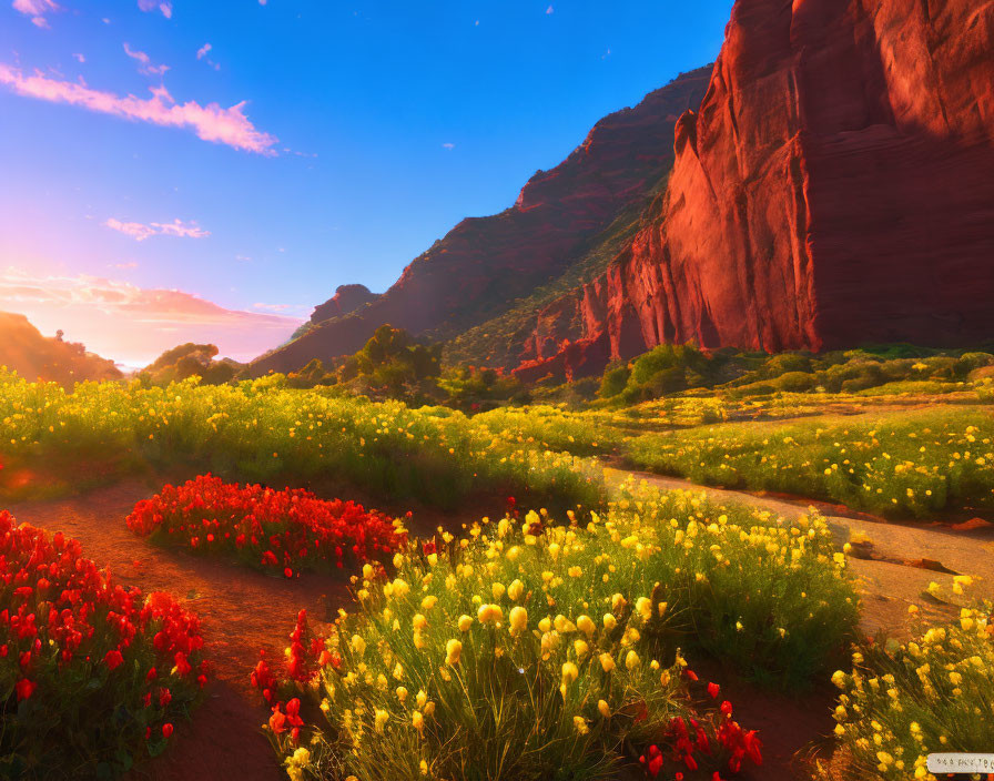 Colorful landscape with red rock formations, flower-lined path, and glowing sunset