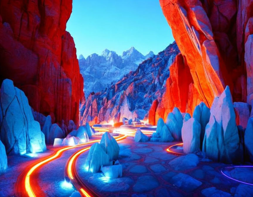 Fantasy landscape with glowing lava streams and icy formations under twilight blue light