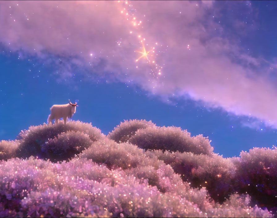 Sheep on flower-covered hills under starry sky with shooting star