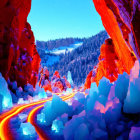 Fantasy landscape with glowing lava streams and icy formations under twilight blue light