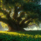 Majestic tree with thick trunk and expansive branches in golden light forest scene