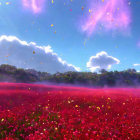 Colorful flowers field under blue sky with sun and misty mountains.