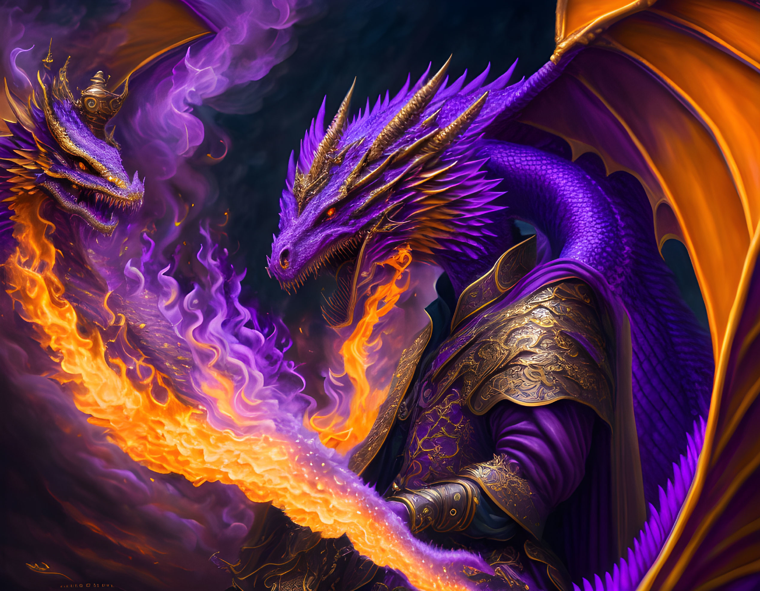 Colorful dragon art: Purple and gold dragon breathing fire in intricate armor against dark backdrop