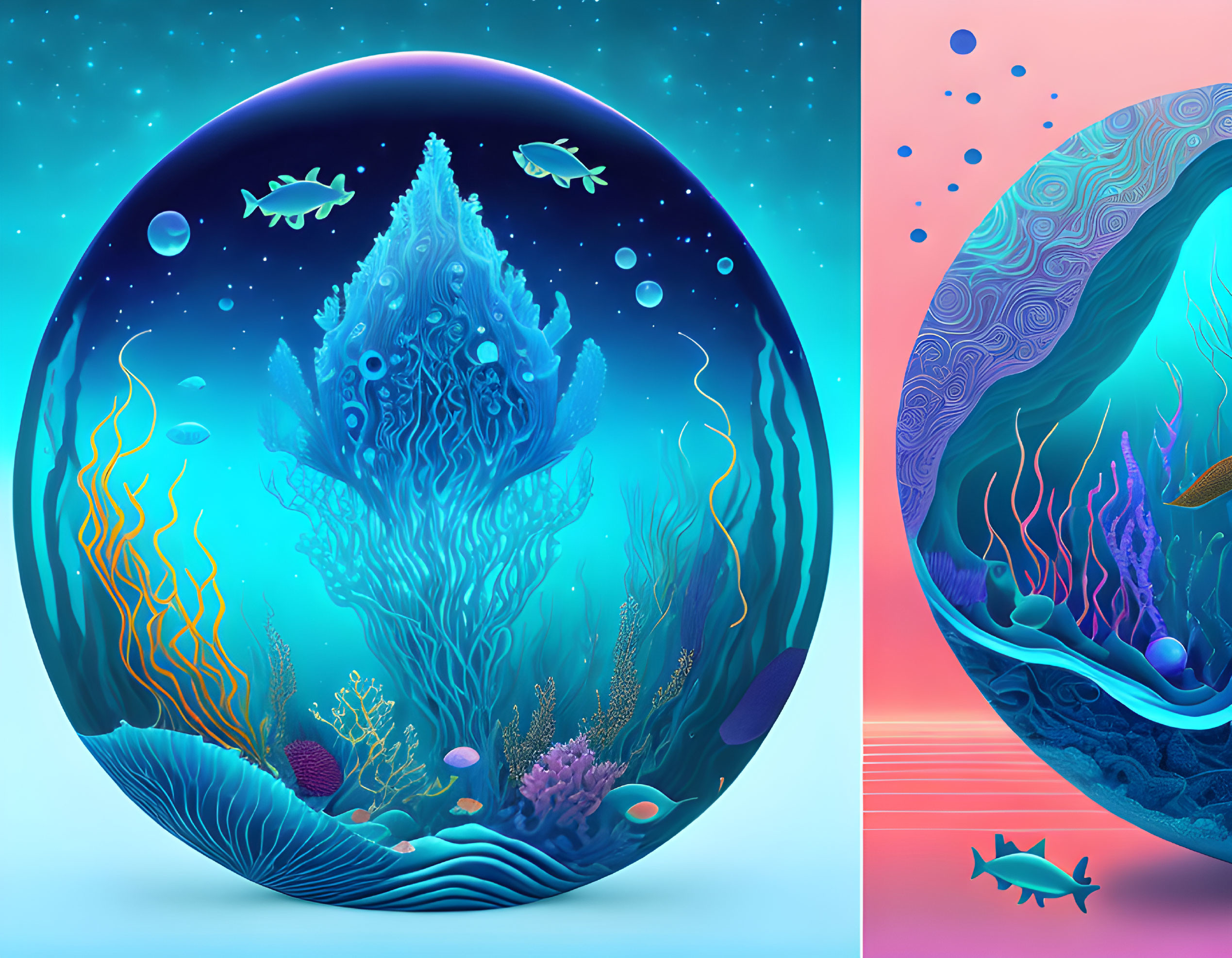 Colorful digital artwork: Ocean life in bubble spheres with coral, fish, and plants on gradient backdrop