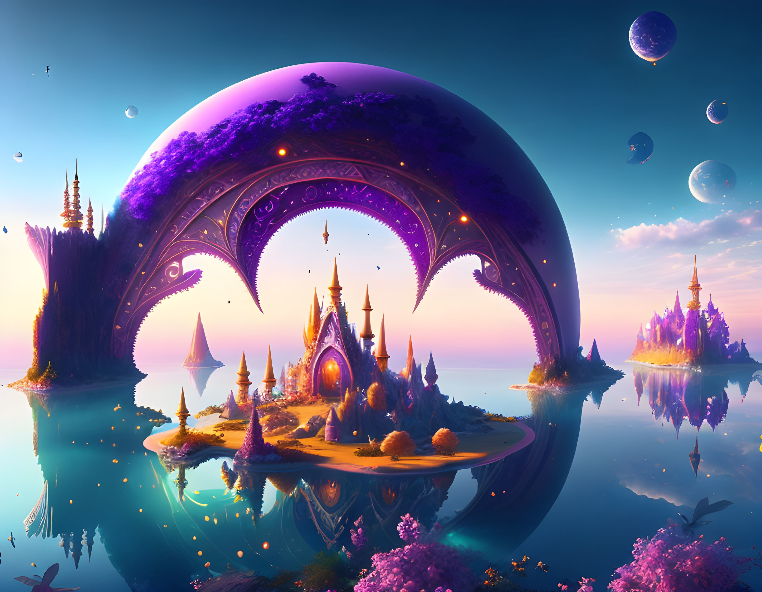 Fantasy landscape with glowing castles, purple sky, floating islands, and calm waterfront.