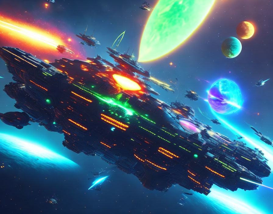 Colorful Sci-Fi Scene with Spaceships and Planets in Cosmic Setting