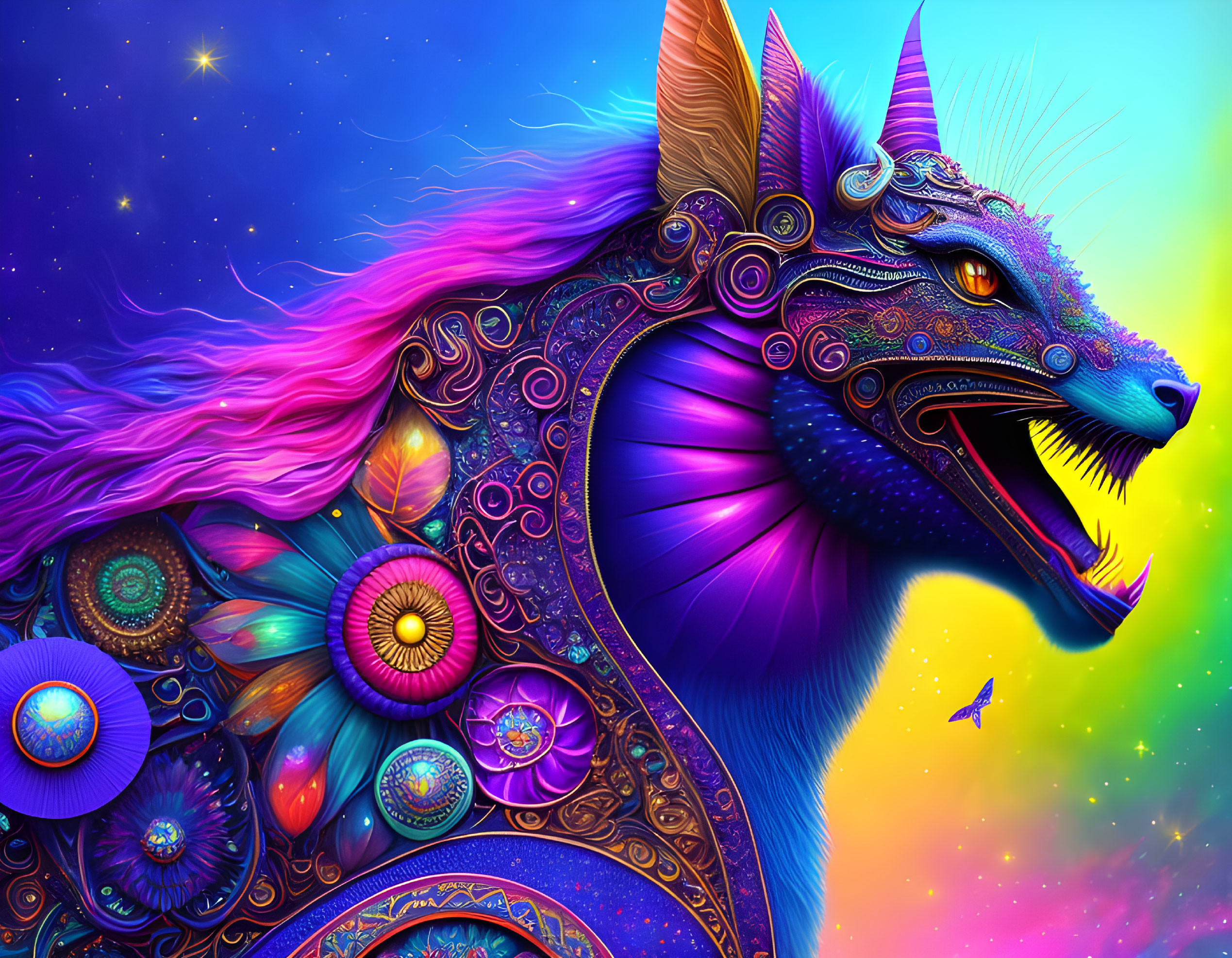 Colorful mystical cat-like creature with pink and purple mane in cosmic setting