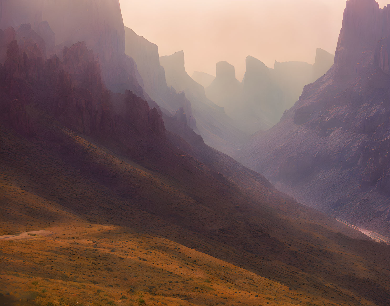 Scenic valley with foggy mountains and warm light