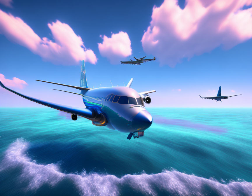 Three airplanes flying over vibrant blue ocean with pink clouds in clear sky