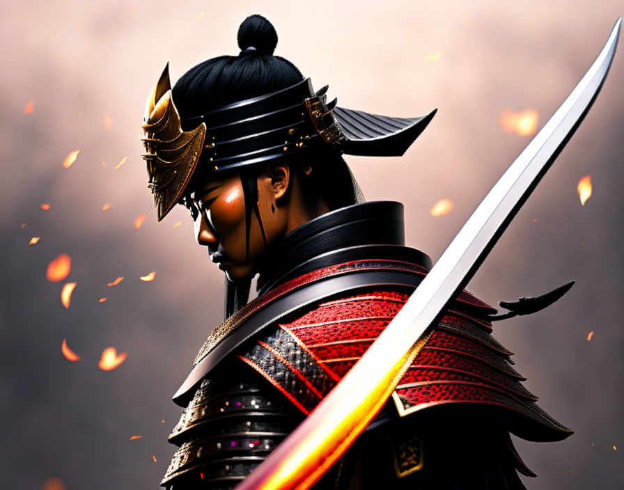 Traditional Japanese Samurai Warrior in Armor with Katana and Floating Embers