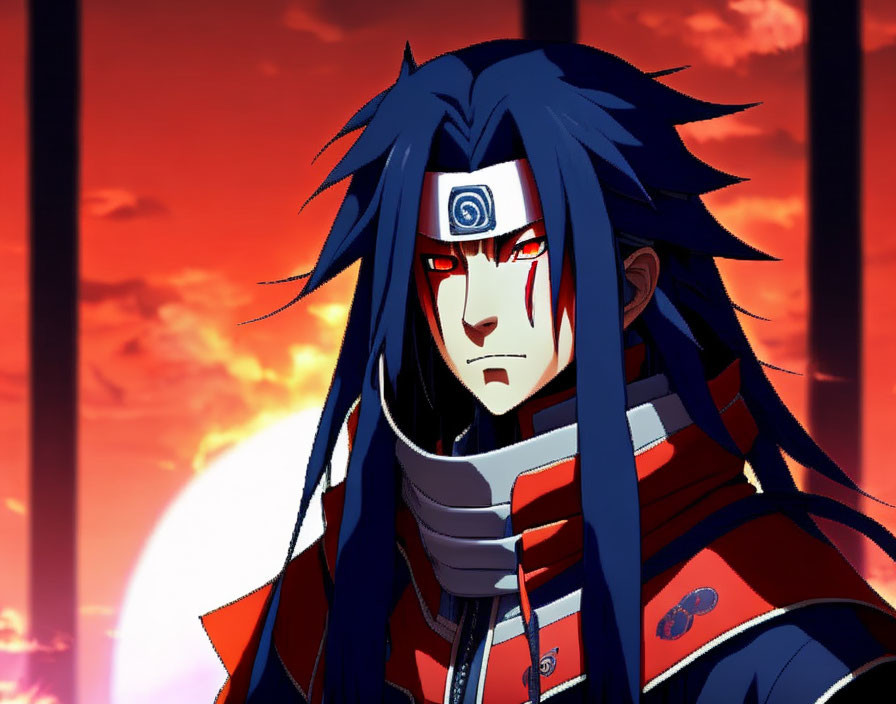 Blue-haired animated character with red sharingan eye in red and black cloak under red sunset.