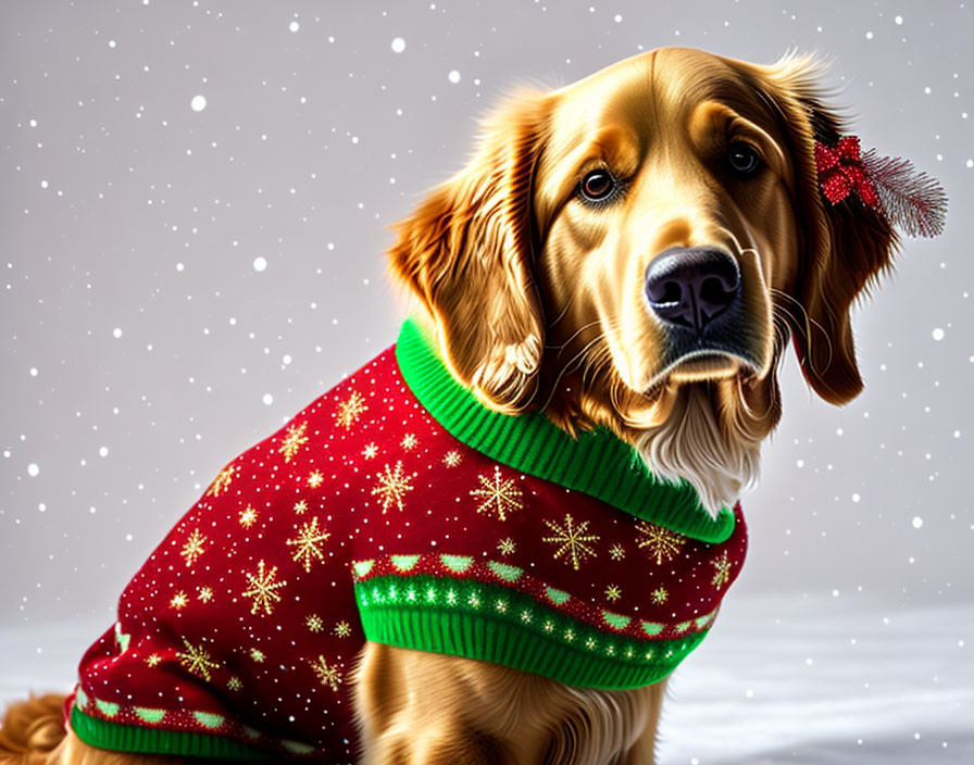 Golden Retriever Dog in Red and Green Christmas Sweater in Snowfall