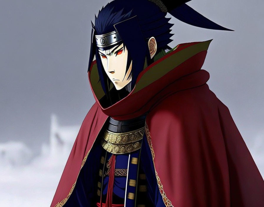 Dark-haired animated character in red and green cloak with red eyes and traditional armor in snowy scene