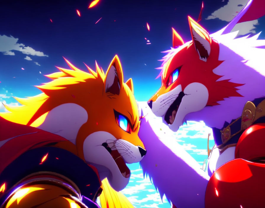 Stylized animated foxes in fierce battle under dramatic sky