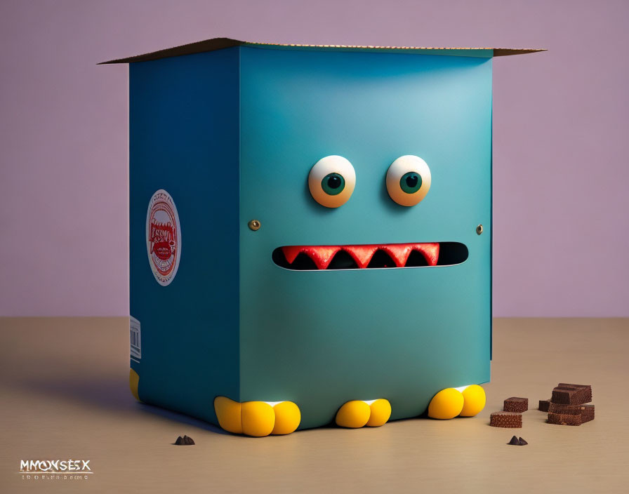 Colorful Monster Box Illustration with Chocolate Pieces