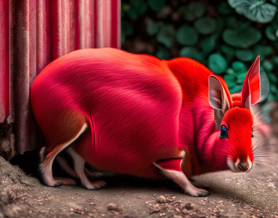 Vivid red rabbit-like creature with large ears in greenery scenery