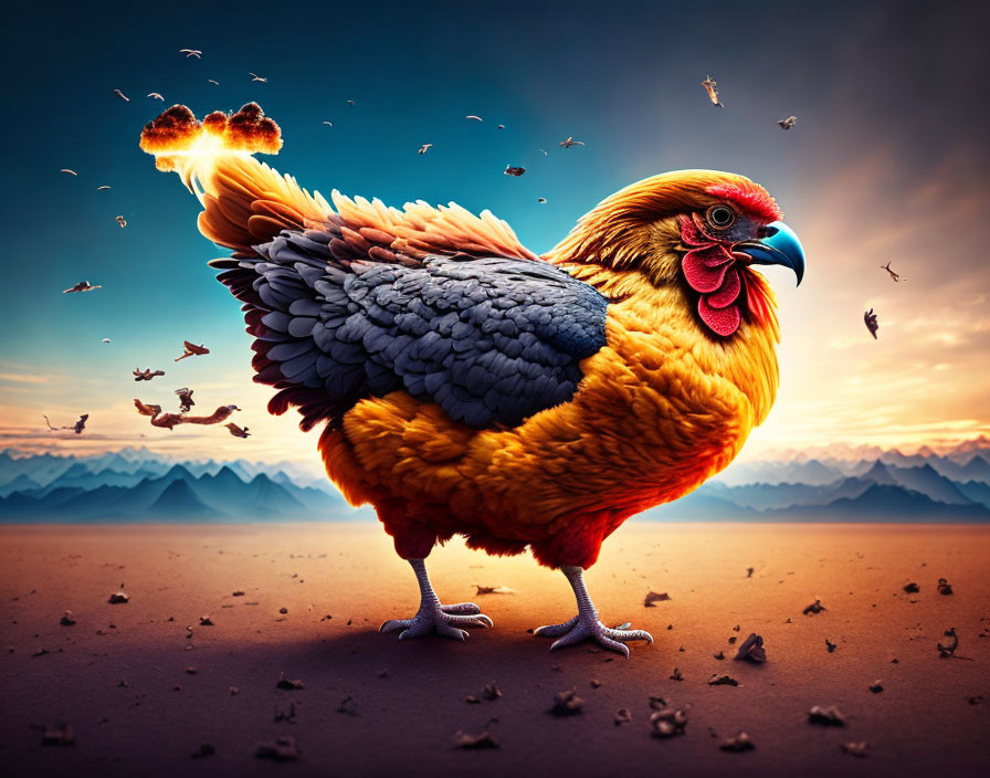 Giant orange and grey chicken in desert landscape with birds and fiery explosion