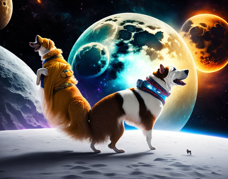 Two dogs in spacesuits on lunar surface with colorful planets and tiny astronaut.