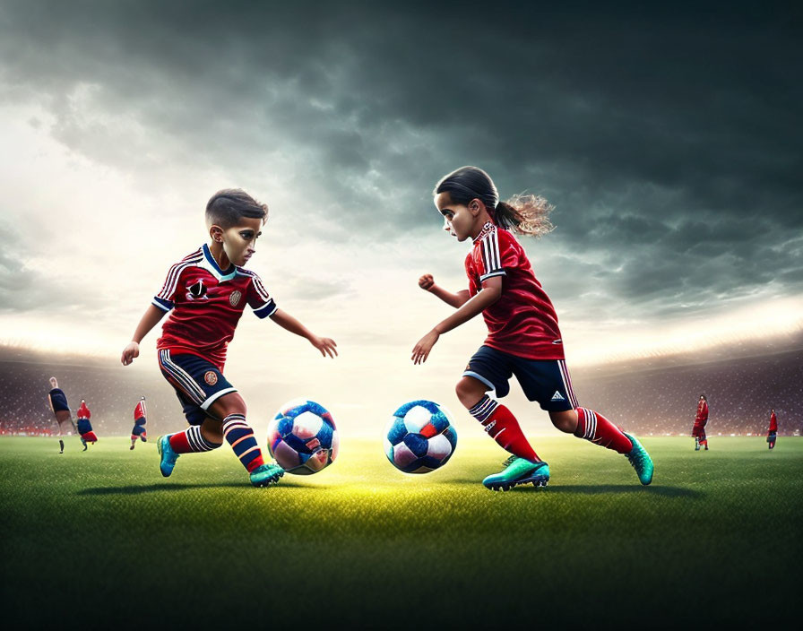 Children playing football on vibrant field with dramatic sky and stadium lights.