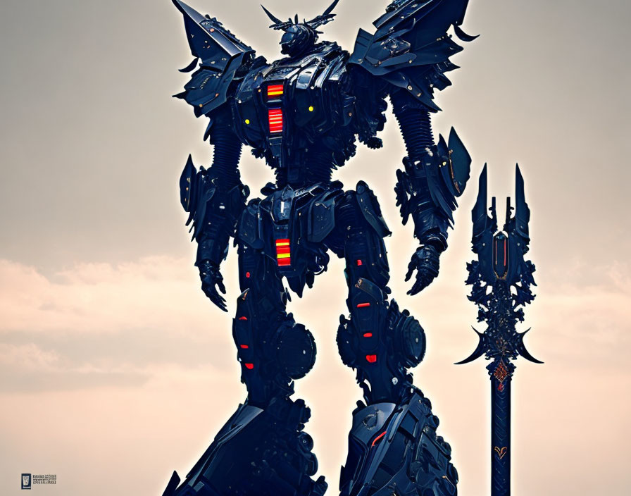 Intricate armor giant robot with glowing red details holding a spear