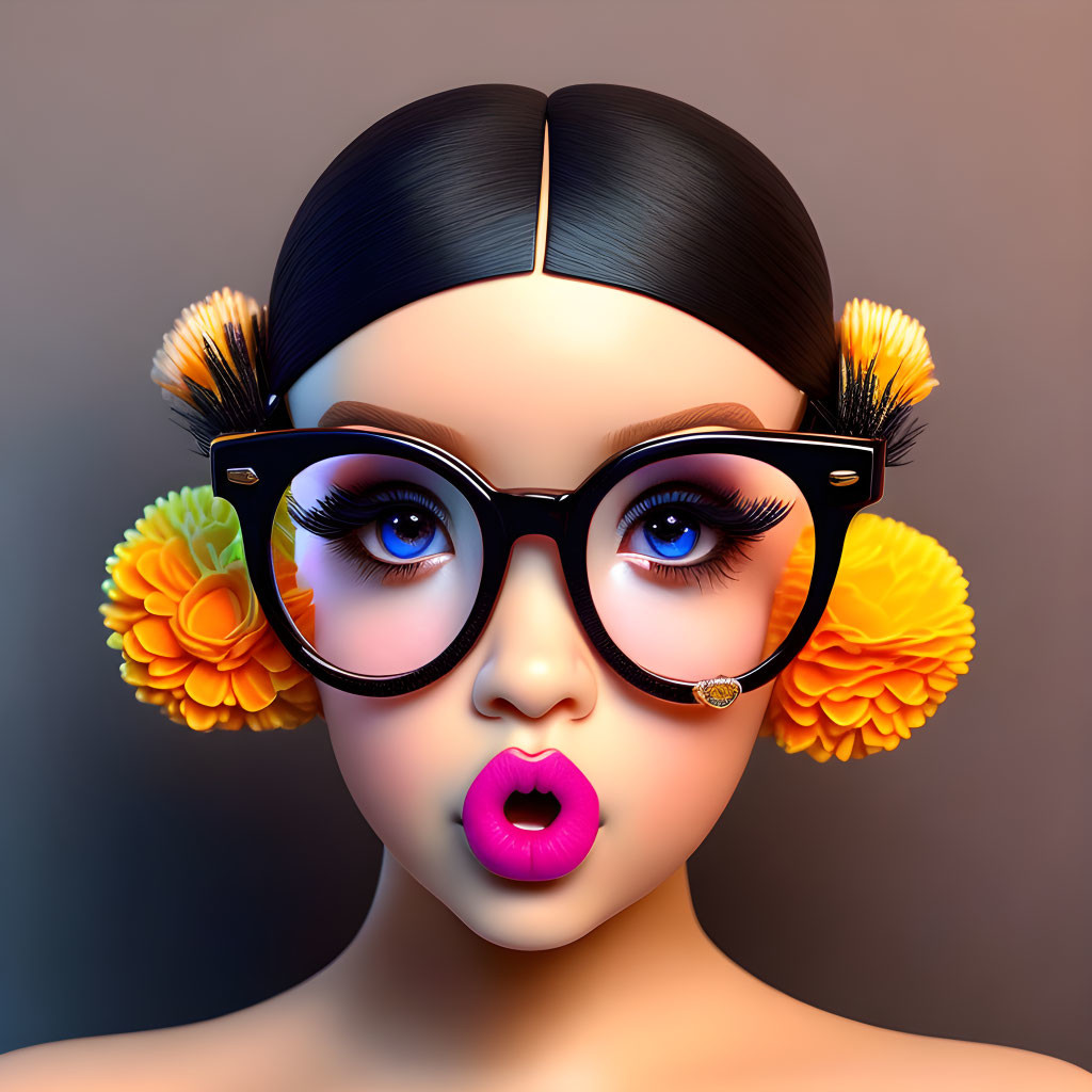 Illustration of female face with oversized glasses, floral earrings, and pink lips