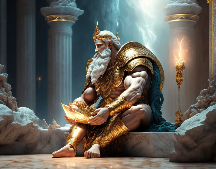 Regal bearded figure in golden armor on throne with glowing object